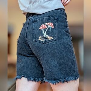 Handpainted Black Bermuda Jean Shorts with Mushroom Streetware